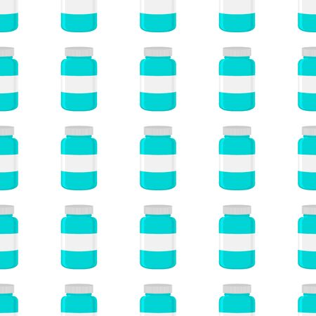 Illustration on theme big colored set different types of pills inside close jar. Pill pattern consisting of collection jars with quality control closed cap. Plastic jar open for drink laboratory pill.のイラスト素材