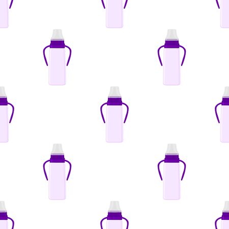 Illustration on theme colored kit baby milk in clear bottle with rubber pacifier. Baby milk bottle consisting of collection to newborn, good pacifier. Pacifier in milk bottle it baby care equipment.のイラスト素材