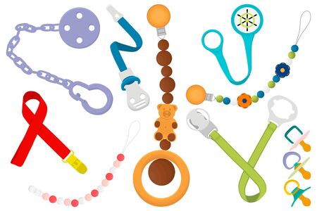 Big colored fashion baby pacifiers, dummy with rubber holder nipple. Baby pacifiers consisting of collection to newborn, holder dummy nipple. Dummy nipple in holder pacifiers it baby care equipment.のイラスト素材