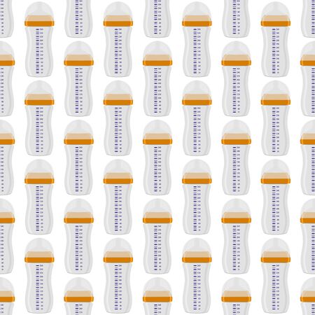 Illustration on theme colored kit baby milk in clear bottle with rubber pacifier. Baby milk bottle consisting of collection to newborn, good pacifier. Pacifier in milk bottle it baby care equipment.のイラスト素材