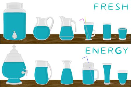 Illustration on theme big kit different types glassware, energy jugs various size. Glassware consisting of organic plastic jugs for fluid energy. Jugs of energy is glassware standing on wooden table.のイラスト素材