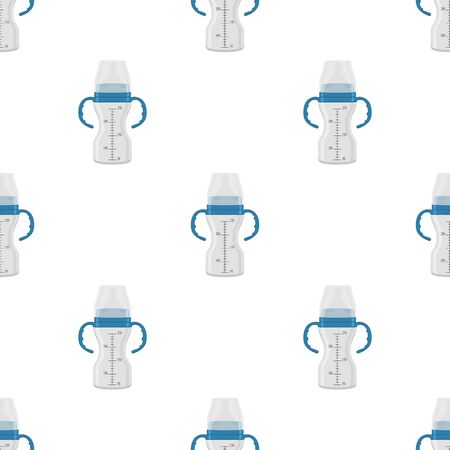 Illustration on theme colored kit baby milk in clear bottle with rubber pacifier. Baby milk bottle consisting of collection to newborn, good pacifier. Pacifier in milk bottle it baby care equipment.のイラスト素材