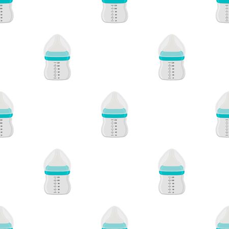 Illustration on theme colored kit baby milk in clear bottle with rubber pacifier. Baby milk bottle consisting of collection to newborn, good pacifier. Pacifier in milk bottle it baby care equipment.のイラスト素材