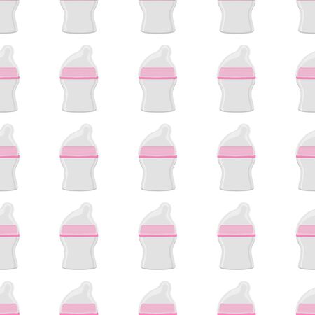 Illustration on theme colored kit baby milk in clear bottle with rubber pacifier. Baby milk bottle consisting of collection to newborn, good pacifier. Pacifier in milk bottle it baby care equipment.のイラスト素材