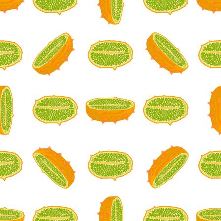 Illustration on theme big colored seamless kiwano, bright fruit pattern for seal. Fruit pattern consisting of beautiful seamless repeat kiwano. Simple colorful pattern fruit from seamless soft kiwano.のイラスト素材