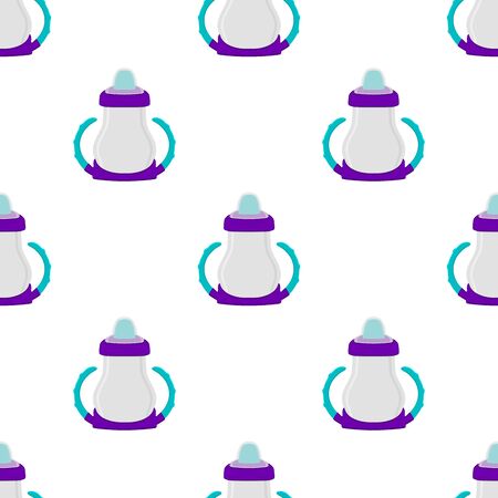 Illustration on theme colored kit baby milk in clear bottle with rubber pacifier. Baby milk bottle consisting of collection to newborn, good pacifier. Pacifier in milk bottle it baby care equipment.のイラスト素材