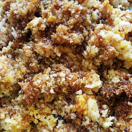 Abstract hexagon structure is honeycomb from bee hive filled with golden honey. Honeycomb summer...