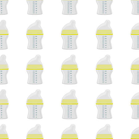 Illustration on theme colored kit baby milk in clear bottle with rubber pacifier. Baby milk bottle consisting of collection to newborn, good pacifier. Pacifier in milk bottle it baby care equipment.のイラスト素材