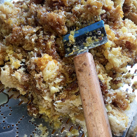 Abstract hexagon structure is honeycomb from bee hive filled with golden honey. Honeycomb summer...