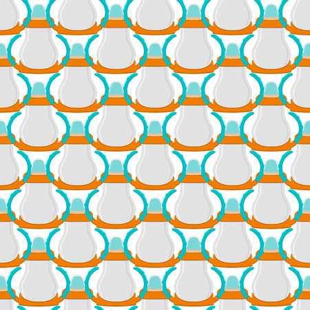 Illustration on theme colored kit baby milk in clear bottle with rubber pacifier. Baby milk bottle consisting of collection to newborn, good pacifier. Pacifier in milk bottle it baby care equipment.のイラスト素材