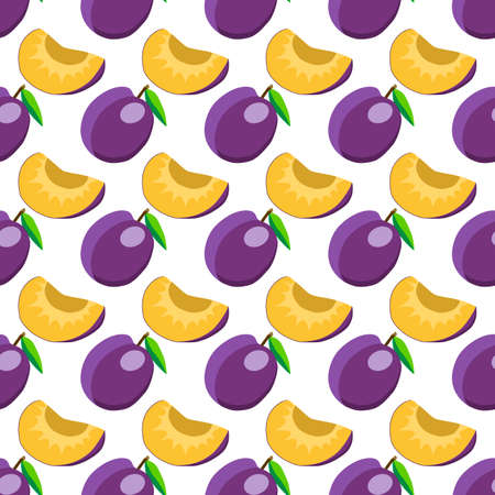 Illustration on theme big colored seamless purple plum, bright fruit pattern for seal. Fruit pattern consisting of beautiful seamless repeat plum. Simple colorful pattern fruit from seamless plum.のイラスト素材