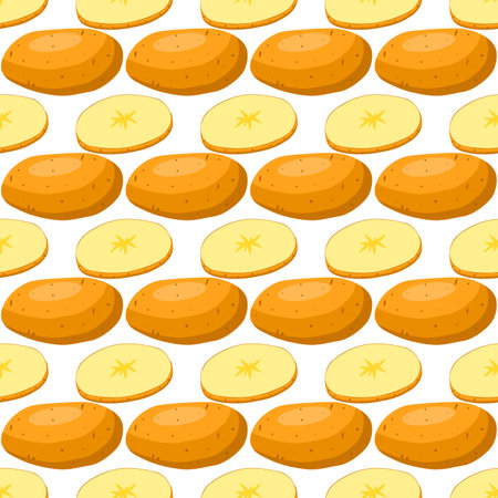 Illustration on theme of bright pattern brown potato, vegetable batat for seal. Vegetable pattern consisting of beautiful potato, many batat. Simple colorful vegetable pattern from batat dark potato.のイラスト素材