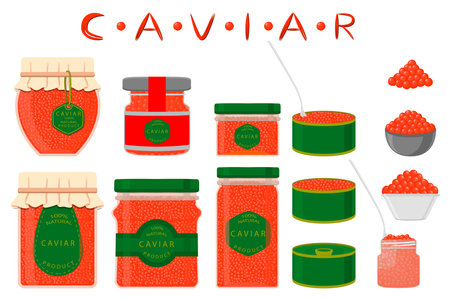 Illustration on theme big set various types fish caviar, metal can different size. Metal can consisting of fresh fish caviar for colored print on wallpaper. Many colorful fish caviar in new metal can.のイラスト素材