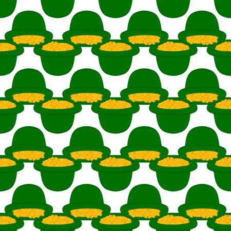 Illustration on theme Irish holiday St Patrick day, seamless headdress hats. Pattern St Patrick day consisting of many identical hats on white background. Hats it main accessory for St Patrick day.のイラスト素材