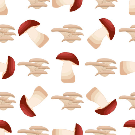 Illustration on theme of bright pattern brown mushroom, vegetable porcini for seal. Vegetable pattern consisting of beautiful mushroom, many porcini. Simple vegetable pattern from porcini mushroom.のイラスト素材