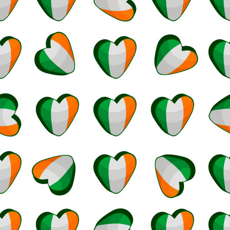 Illustration on theme Irish holiday St Patrick day, seamless color hearts. Pattern St Patrick day consisting of many identical hearts on white background. Hearts it main accessory for St Patrick day.のイラスト素材