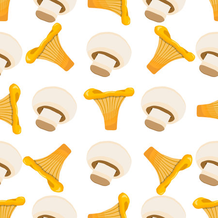 Illustration on theme bright pattern mushroom, vegetable chanterelle for seal. Vegetable pattern consisting of beautiful mushroom, many chanterelle. Simple vegetable pattern from chanterelle mushroom.のイラスト素材