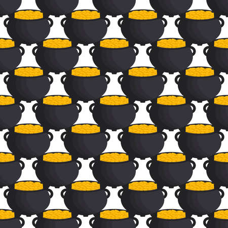 Illustration on theme Irish holiday St Patrick day, seamless pot of coins. Pattern St Patrick day of many identical coins in pot on white background. Pot for coins it main accessory for St Patrick dayのイラスト素材