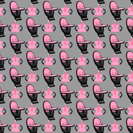 Illustration on theme colorful modern child high chair for baby feeding. Drawing consisting of collection colored layouts child chair on high legs. Kit stylish child accessory it bright high chair.のイラスト素材