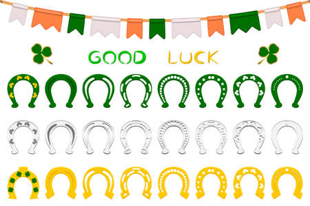 Illustration on theme Irish holiday St Patrick day, set color horseshoes. Pattern St Patrick day consisting of many different horseshoes on background. Horseshoes it main accessory for St Patrick day.のイラスト素材
