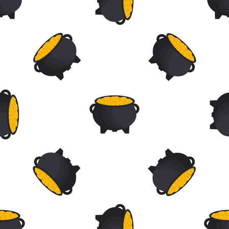 Illustration on theme Irish holiday St Patrick day, seamless pot of coins. Pattern St Patrick day of many identical coins in pot on white background. Pot for coins it main accessory for St Patrick dayのイラスト素材