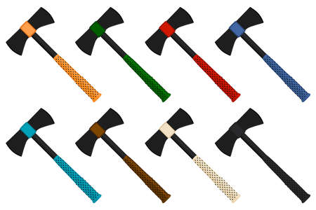 Illustration on theme big kit steel axes with wooden handle, metal ax for hunting. Pattern ax consisting of many different axes on white background. Forged axes it main accessory male, ax for survivalのイラスト素材