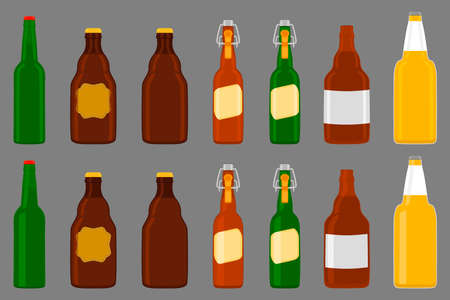 Illustration on theme big kit beer glass bottles with lid for brewery. Pattern beer consisting of many identical glass bottles on dark background. Glass bottles it main accessory for beer gourmet.のイラスト素材