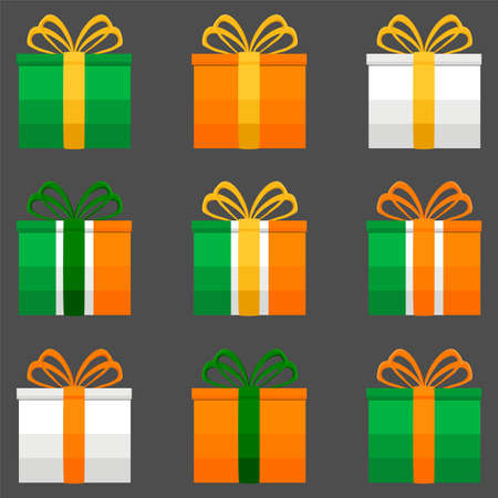 Irish holiday St Patrick day, big set gift boxes with ribbon. Pattern St Patrick day consisting of many different gift boxes in ribbon. Gift boxes from ribbon it main accessory for St Patrick day.のイラスト素材