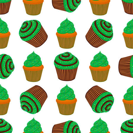 Illustration on theme Irish holiday St Patrick day, seamless green muffins. Pattern St Patrick day consisting of many identical muffins on white background. Muffins it main accessory St Patrick day.のイラスト素材