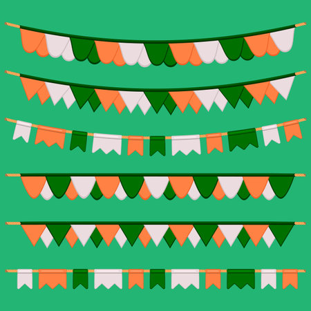 Irish holiday St Patrick day, big set from flags on rope. Pattern St Patrick day consisting of many different flags at rope on bright background. Flags in rope it main accessory for St Patrick day.のイラスト素材