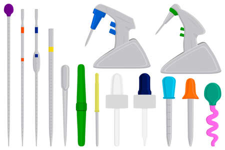 Illustration on theme big kit different medical pipette, dropper for laboratory. Pattern dropper consisting of many laboratory medical pipette on background. Medical pipette it dropper from laboratoryのイラスト素材