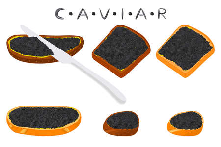 Illustration on theme big set various types fish caviar, bread different size. Bread consisting of tasty fish caviar, fatty butter for colored print on wallpaper. Many fish caviar on fresh soft bread.の写真素材