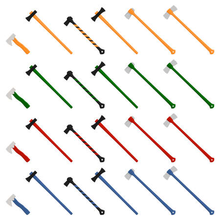 Illustration on theme big kit steel axes with wooden handle, metal ax for hunting. Pattern ax consisting of many different axes on white background. Forged axes it main accessory male, ax for survivalのイラスト素材