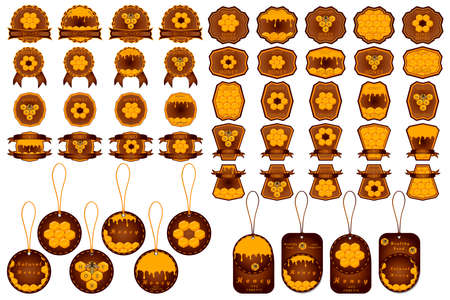 Illustration on theme for big set label of sugary flowing down honey in honeycomb with bee. Label pattern consisting from kit sticky honey at honeycomb off bee. Honey in bee honeycomb to bright label.のイラスト素材
