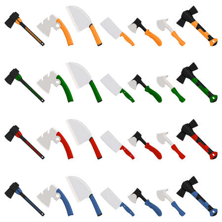 Illustration on theme big kit steel axes with wooden handle, metal ax for hunting. Pattern ax consisting of many different axes on white background. Forged axes it main accessory male, ax for survivalのイラスト素材