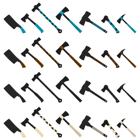 Illustration on theme big kit steel axes with wooden handle, metal ax for hunting. Pattern ax consisting of many different axes on white background. Forged axes it main accessory male, ax for survivalのイラスト素材