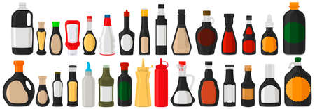 Illustration on theme big kit varied glass bottles filled liquid soy sauce. Bottles consisting from soy sauce, empty labels for titles. Soy sauce in full bottles with plastic cork to tasty fast meal.のイラスト素材