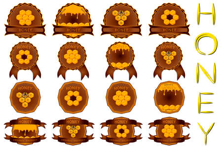 Illustration on theme for big set label of sugary flowing down honey in honeycomb with bee. Label pattern consisting from kit sticky honey at honeycomb off bee. Honey in bee honeycomb to bright label.のイラスト素材