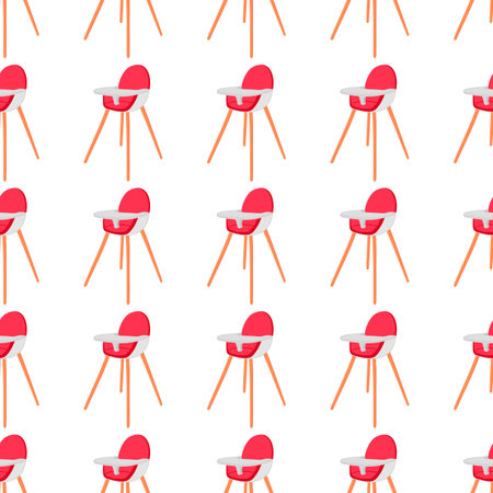 Illustration on theme colorful modern child high chair for baby feeding. Drawing consisting of collection colored layouts child chair on high legs. Kit stylish child accessory it bright high chair.のイラスト素材