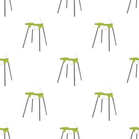 Illustration on theme colorful modern child high chair for baby feeding. Drawing consisting of collection colored layouts child chair on high legs. Kit stylish child accessory it bright high chair.のイラスト素材