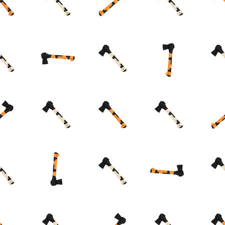 Illustration on theme pattern steel axes with wooden handle, metal ax for hunting. Big kit ax consisting of many identical axes on white background. Forged axes it main male accessory, ax for survivalのイラスト素材