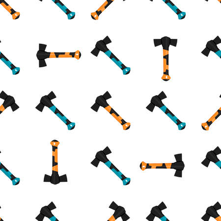 Illustration on theme pattern steel axes with wooden handle, metal ax for hunting. Big kit ax consisting of many identical axes on white background. Forged axes it main male accessory, ax for survivalのイラスト素材