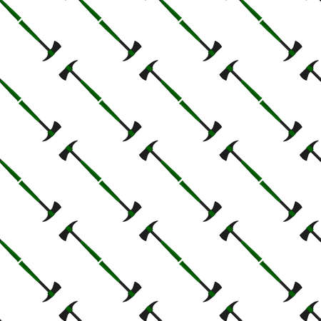 Illustration on theme pattern steel axes with wooden handle, metal ax for hunting. Big kit ax consisting of many identical axes on white background. Forged axes it main male accessory, ax for survivalのイラスト素材