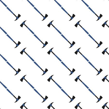 Illustration on theme pattern steel axes with wooden handle, metal ax for hunting. Big kit ax consisting of many identical axes on white background. Forged axes it main male accessory, ax for survivalのイラスト素材