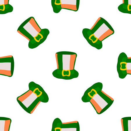 Illustration on theme Irish holiday St Patrick day, seamless headdress hats. Pattern St Patrick day consisting of many identical hats on white background. Hats it main accessory for St Patrick day.のイラスト素材