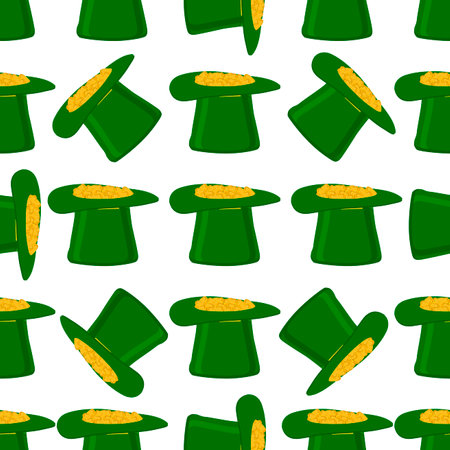 Illustration on theme Irish holiday St Patrick day, seamless headdress hats. Pattern St Patrick day consisting of many identical hats on white background. Hats it main accessory for St Patrick day.のイラスト素材