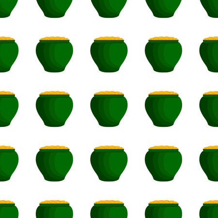 Illustration on theme Irish holiday St Patrick day, seamless pot of coins. Pattern St Patrick day of many identical coins in pot on white background. Pot for coins it main accessory for St Patrick dayのイラスト素材