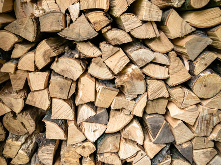 Photography on theme big wall of stacked oak tree logs in cracks, photo consisting of old oak tree...