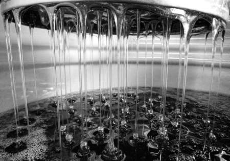 Drop of bee honey drip from hexagonal honeycombs filled with liquid nectar, honeycombs summer composition consisting of drop natural honey, drip on wax frame bee, drop of bee honey drip in honeycombsの写真素材