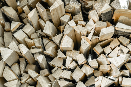 Photography on theme big wall of stacked oak tree logs in cracks, photo consisting of old oak tree logs on nature background, oak tree logs from textured round annual rings with stripes of various sizesの写真素材